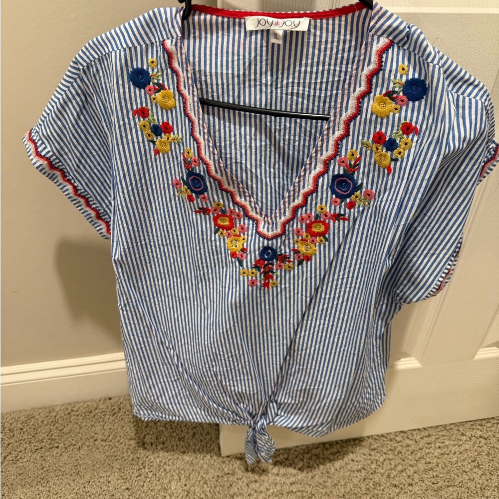 Joy Joy Blue Striped Floral Embroidered Blouse